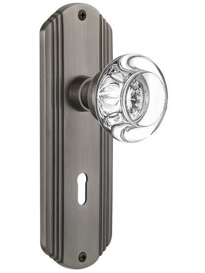 Streamline Moderne Mortise Lock Set with Round Crystal Glass Knobs with Keyhole in Antique Pewter.